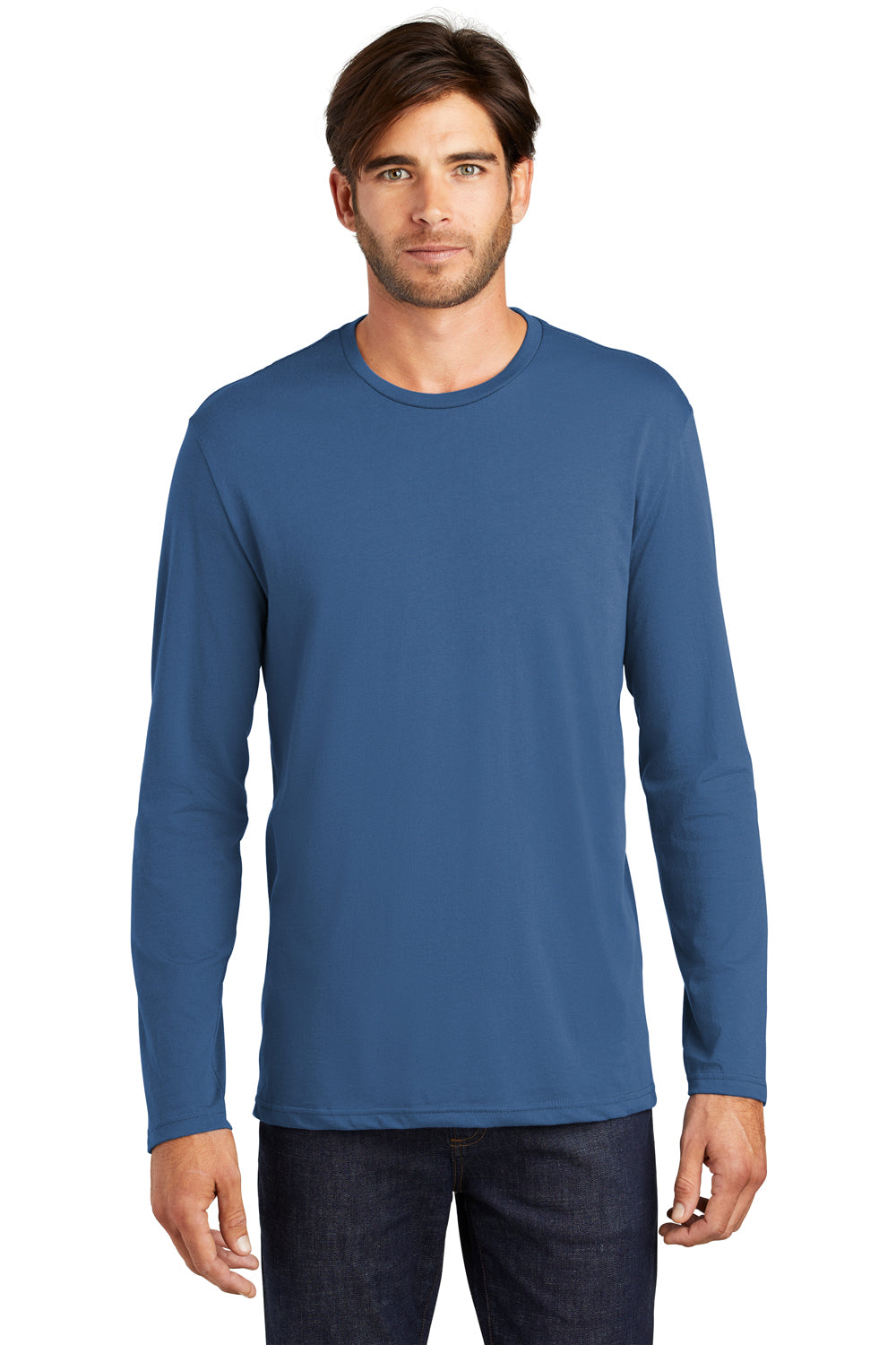 District DT105 Mens Perfect Weight Long Sleeve Crewneck T-Shirt Maritime Blue Model Front