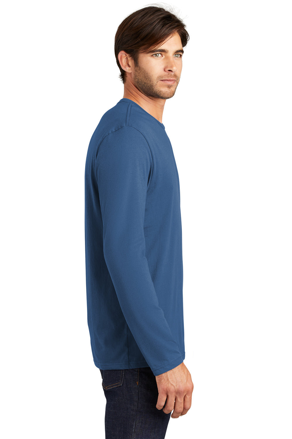 District DT105 Mens Perfect Weight Long Sleeve Crewneck T-Shirt Maritime Blue Model Side