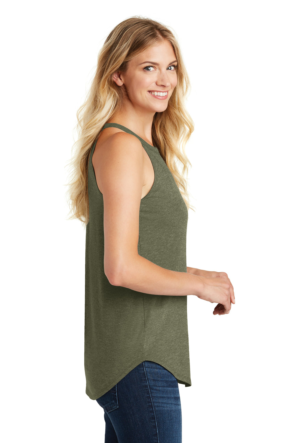 District DT137L Womens Perfect Tri Rocker Tank Top Military Green Frost Model Side