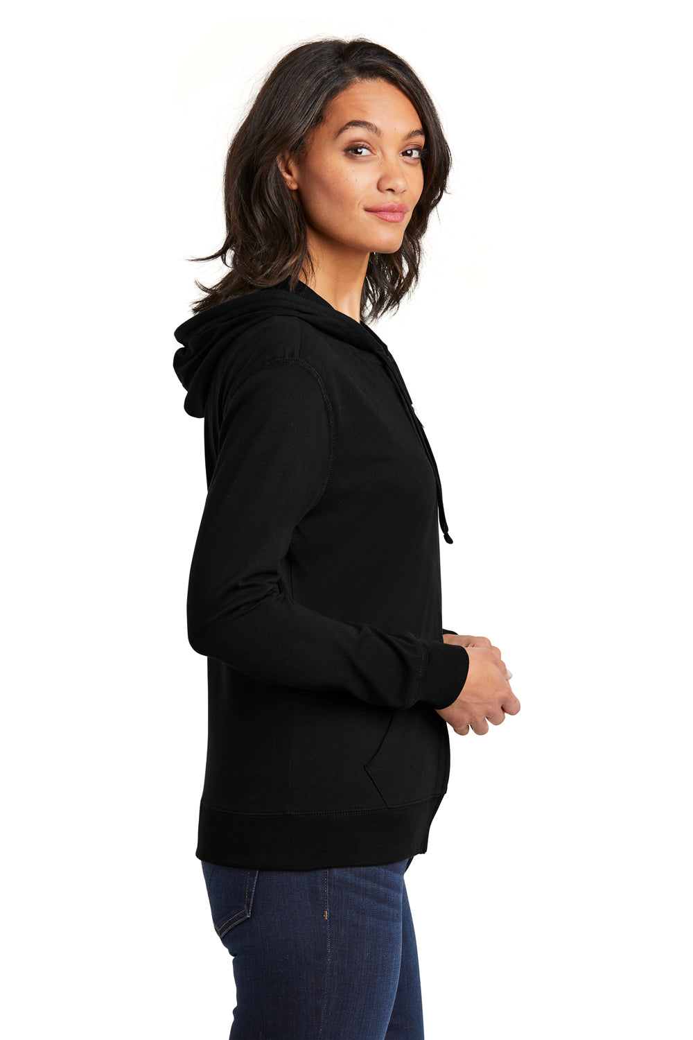 District DT2100 Womens Full Zip Hooded Sweatshirt Hoodie Black Model Side