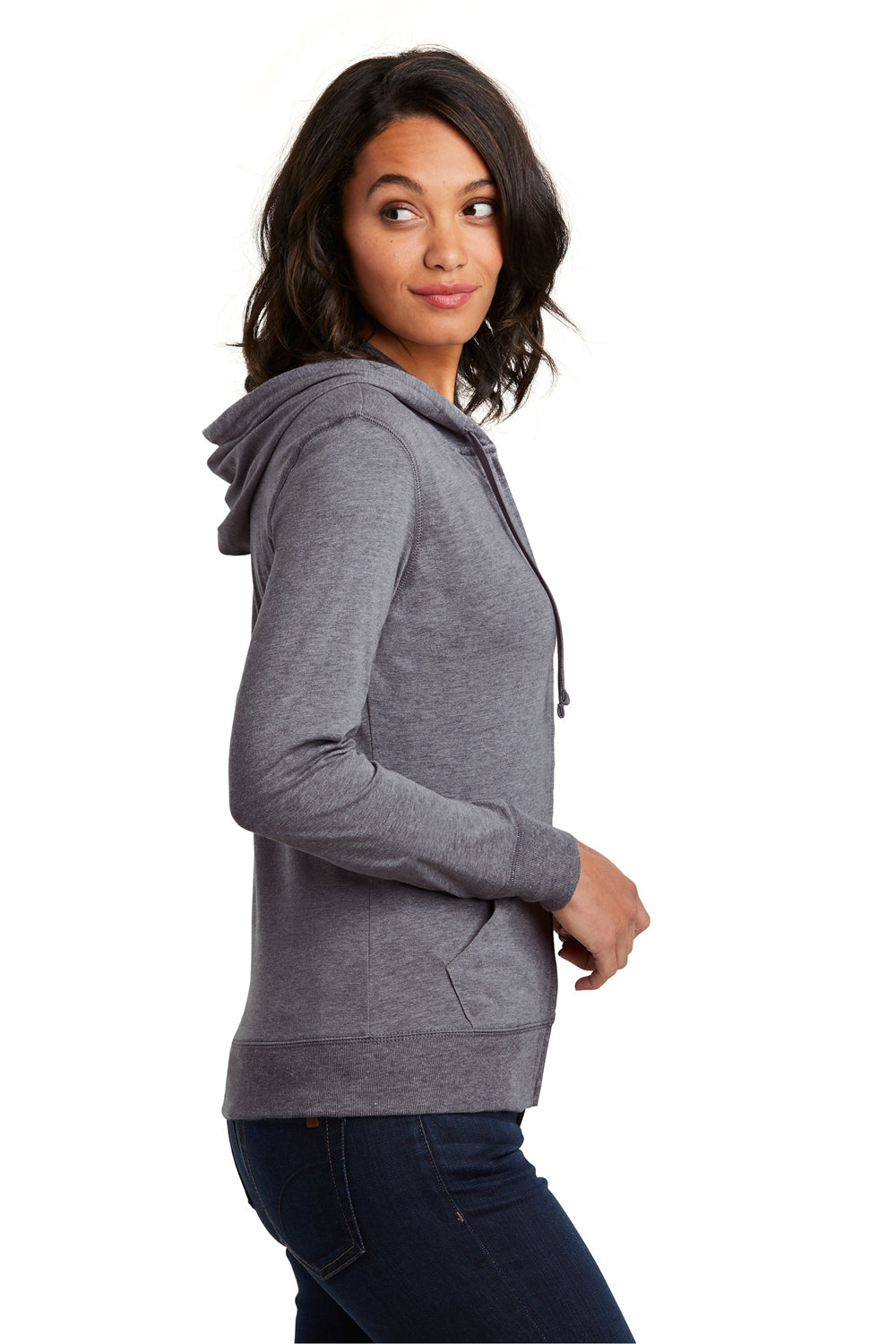 District DT2100 Womens Full Zip Hooded Sweatshirt Hoodie Heather Dark Grey Model Side