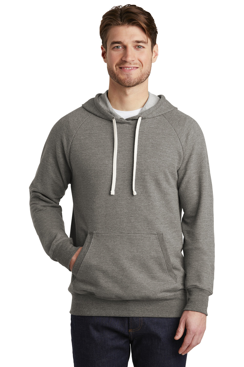 District DT355 Mens Perfect French Terry Hooded Sweatshirt Hoodie Grey Frost Model Front