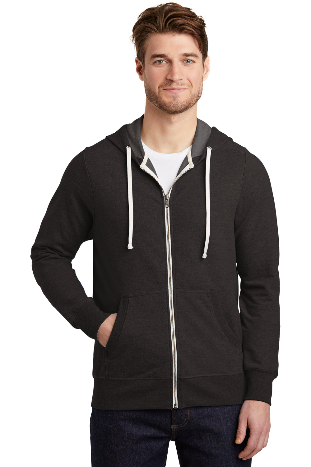 District DT356 Mens Perfect French Terry Full Zip Hooded Sweatshirt Hoodie Black Model Front