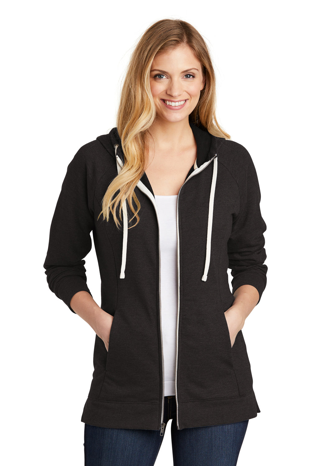 District DT456 Womens Perfect French Terry Full Zip Hooded Sweatshirt Hoodie Black Model Front