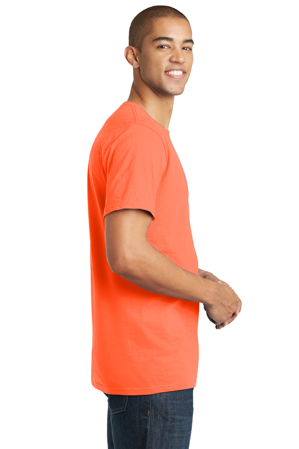 District DT5000 Mens The Concert Short Sleeve Crewneck T-Shirt Neon Orange Model Side