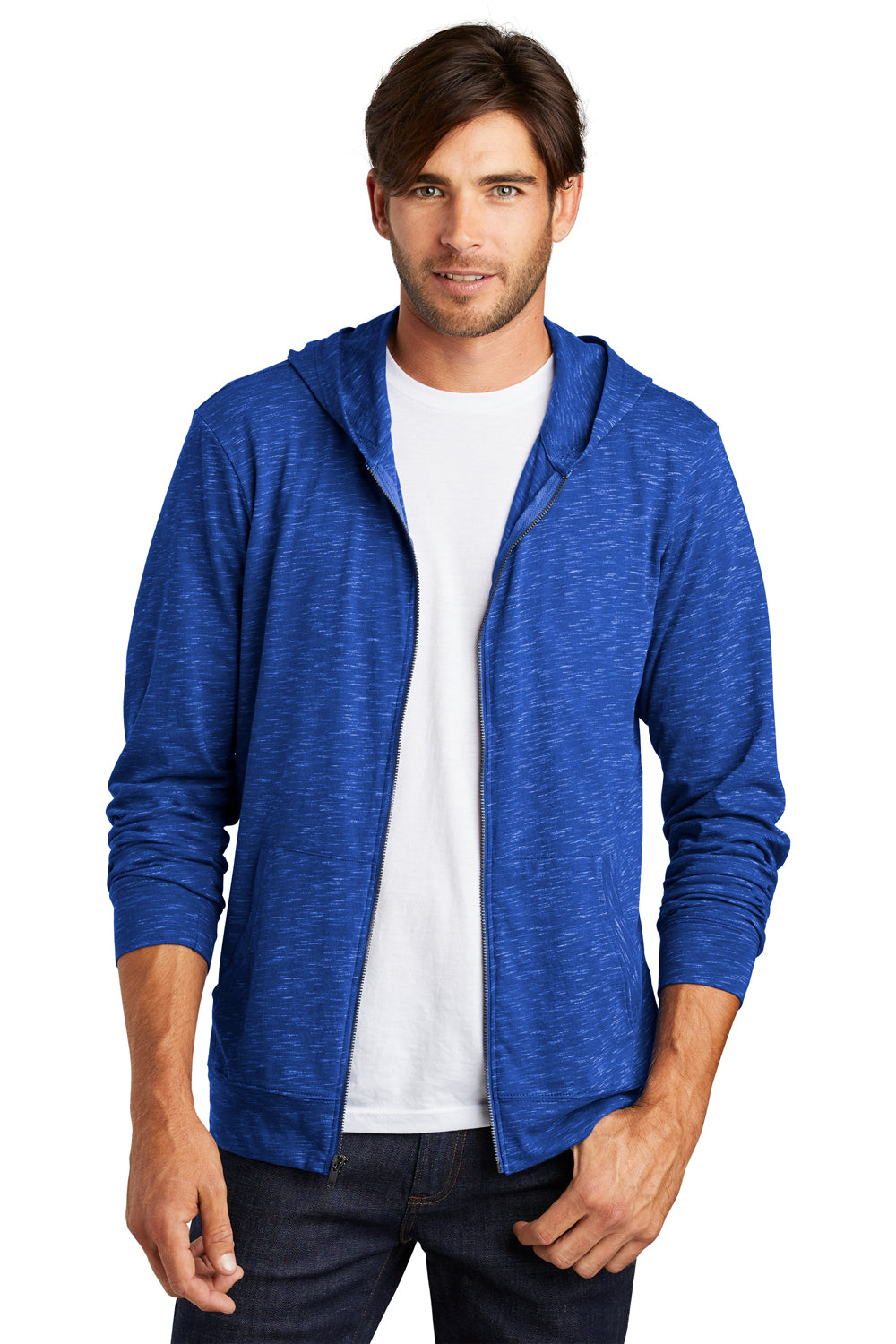 District DT565 Mens Medal Full Zip Hooded Sweatshirt Hoodie Deep Royal Blue Model Front