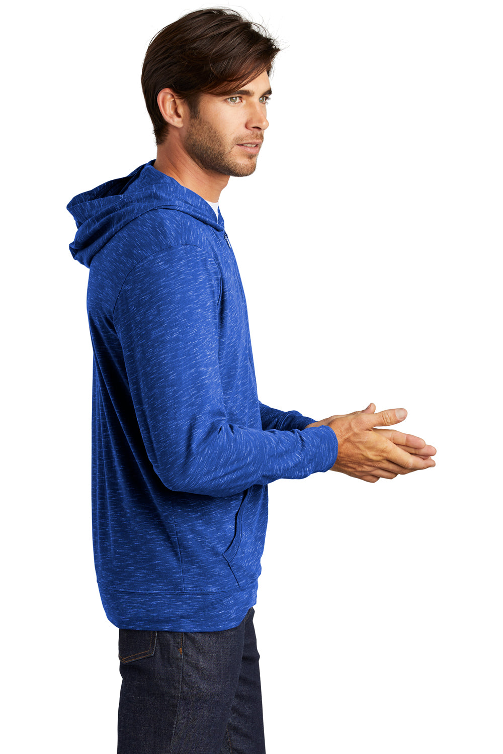 District DT565 Mens Medal Full Zip Hooded Sweatshirt Hoodie Deep Royal Blue Model Side