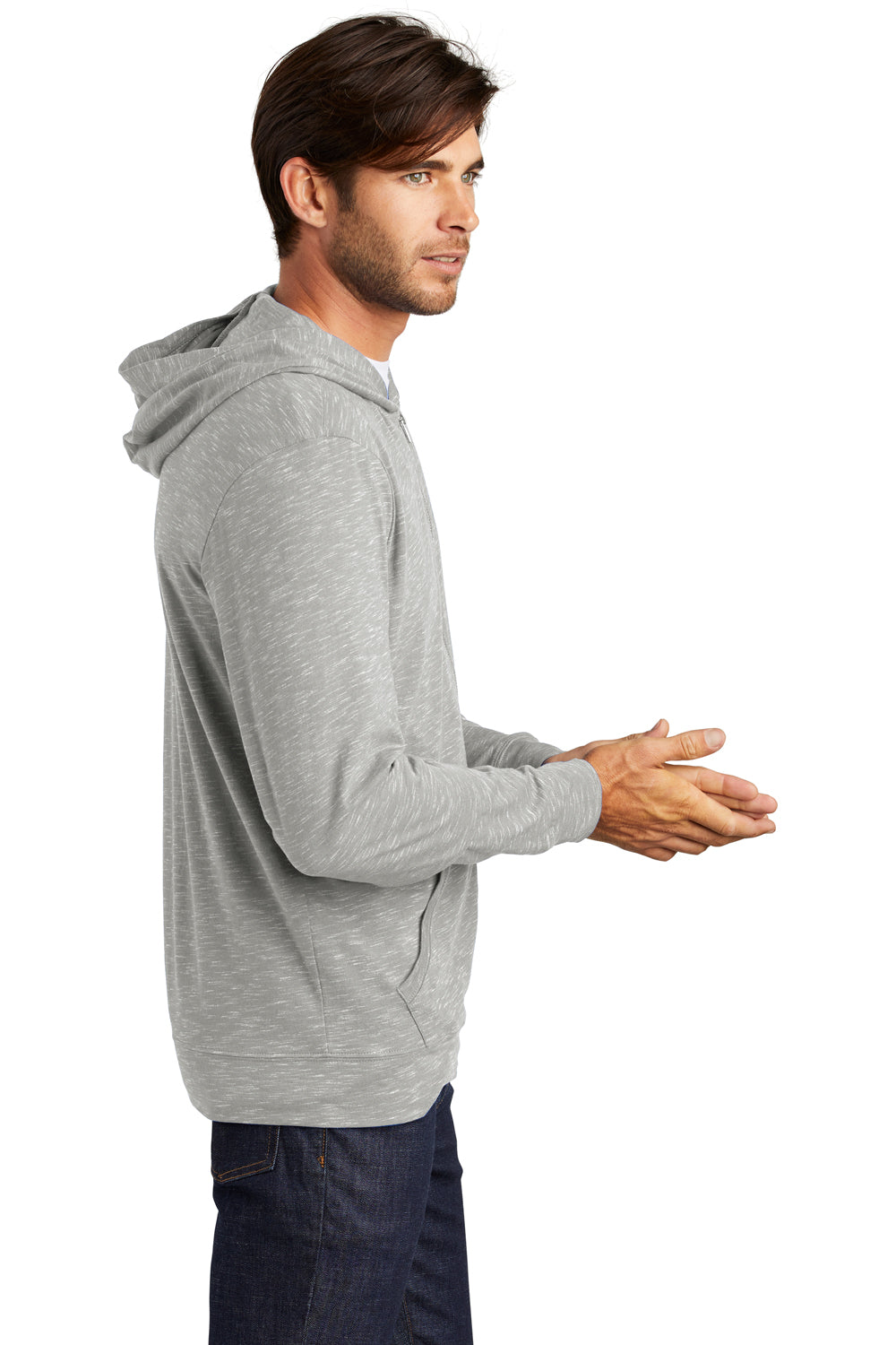 District DT565 Mens Medal Full Zip Hooded Sweatshirt Hoodie Light Grey Model Side