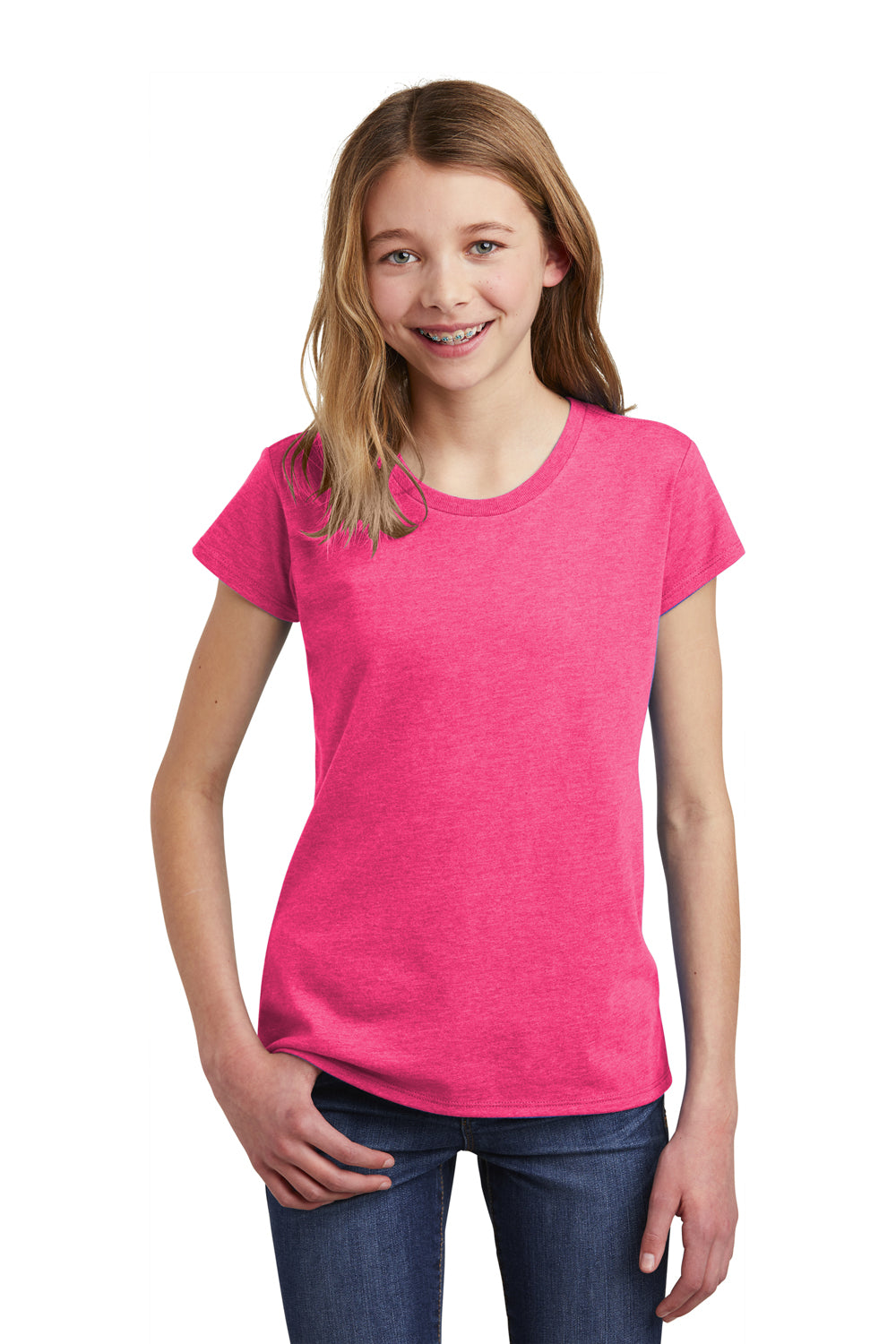 District DT6001YG Youth Very Important Short Sleeve Crewneck T-Shirt Fuchsia Pink Frost Model Front