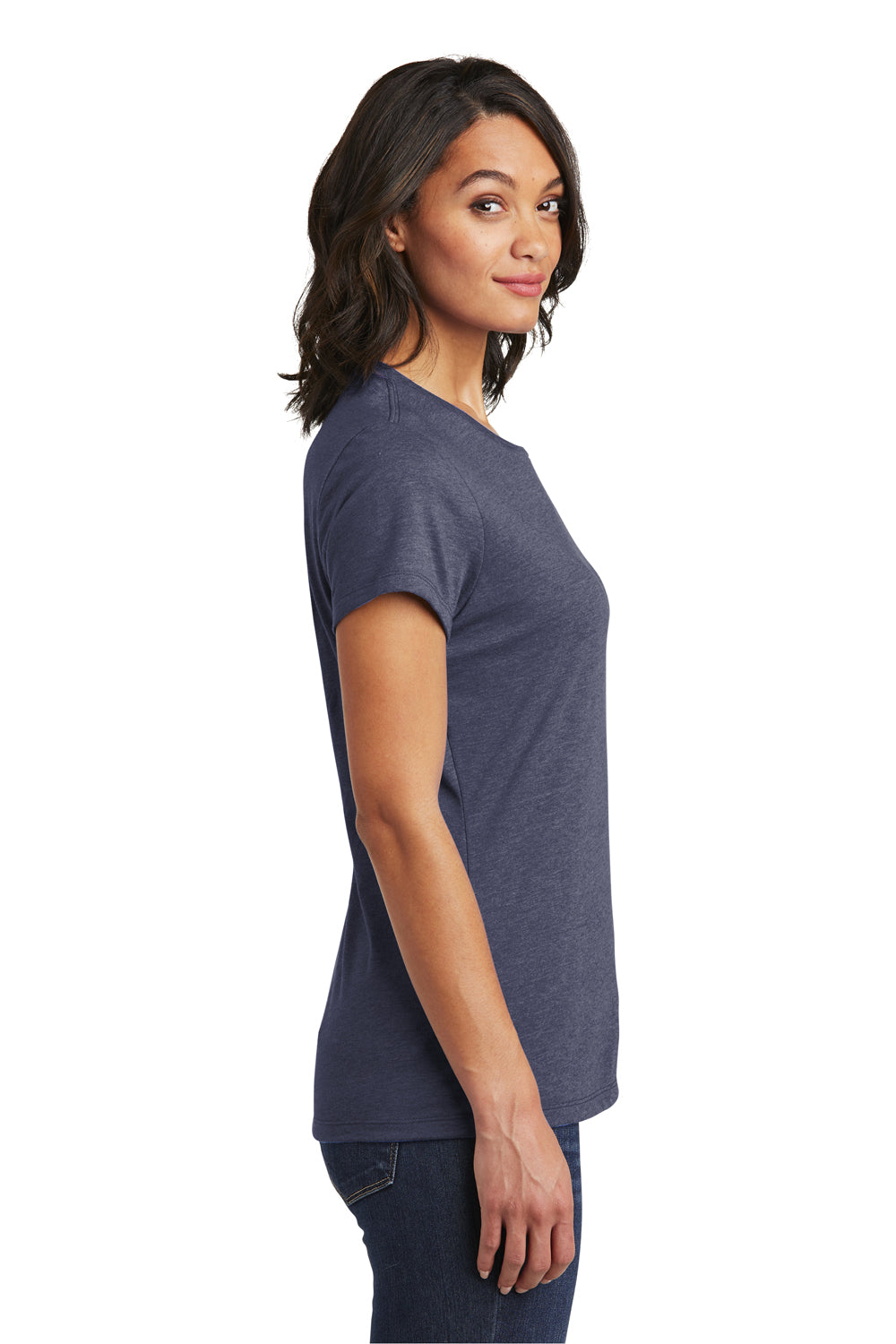 District DT6002 Womens Very Important Short Sleeve Crewneck T-Shirt Heather Navy Blue Model Side