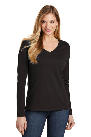 District DT6201 Womens Very Important Long Sleeve V-Neck T-Shirts Black Model Front