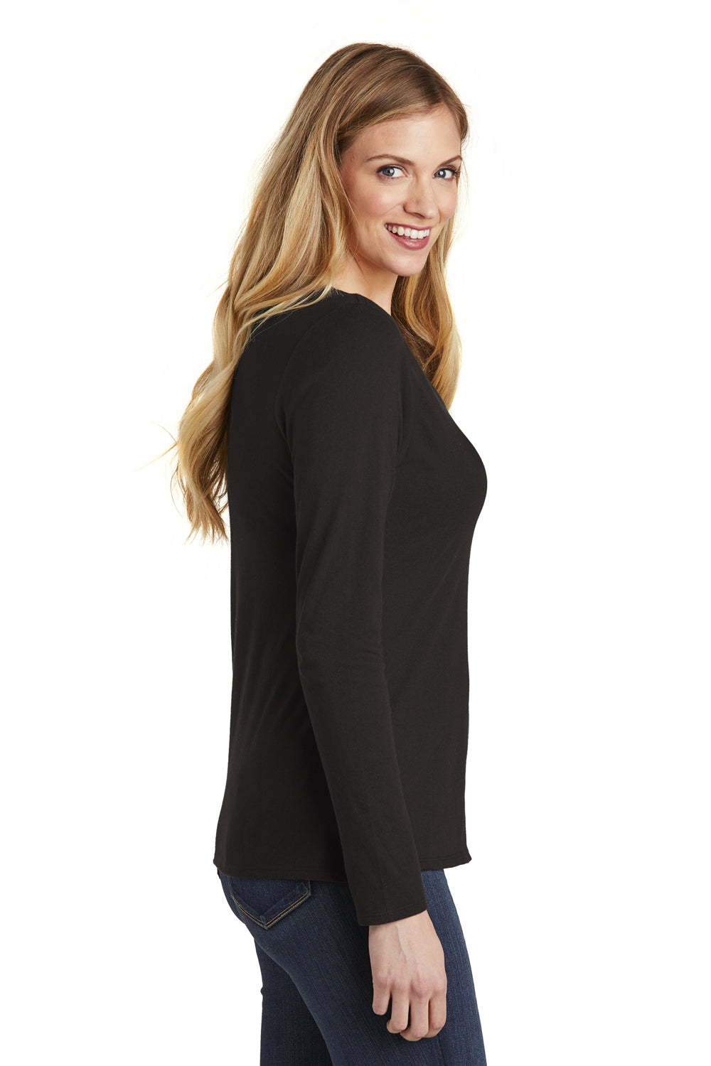 District DT6201 Womens Very Important Long Sleeve V-Neck T-Shirts Black Model Side