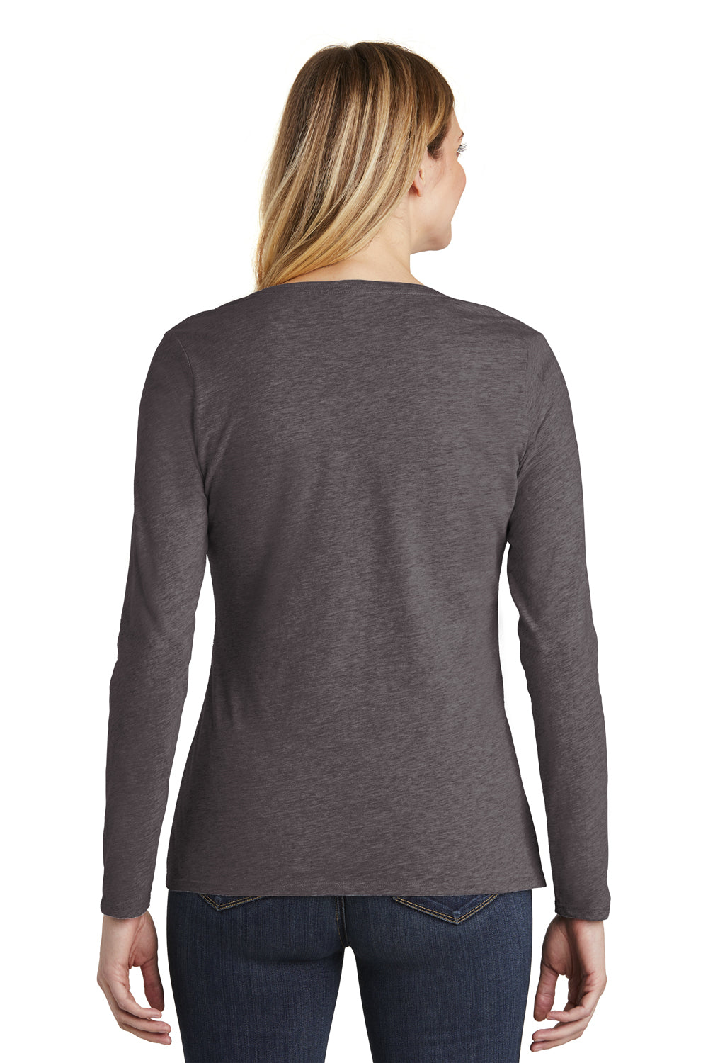 District DT6201 Womens Very Important Long Sleeve V-Neck T-Shirts Heather Charcoal Grey Model Back