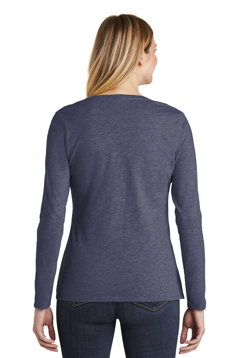 District DT6201 Womens Very Important Long Sleeve V-Neck T-Shirts Heather Navy Blue Model Back