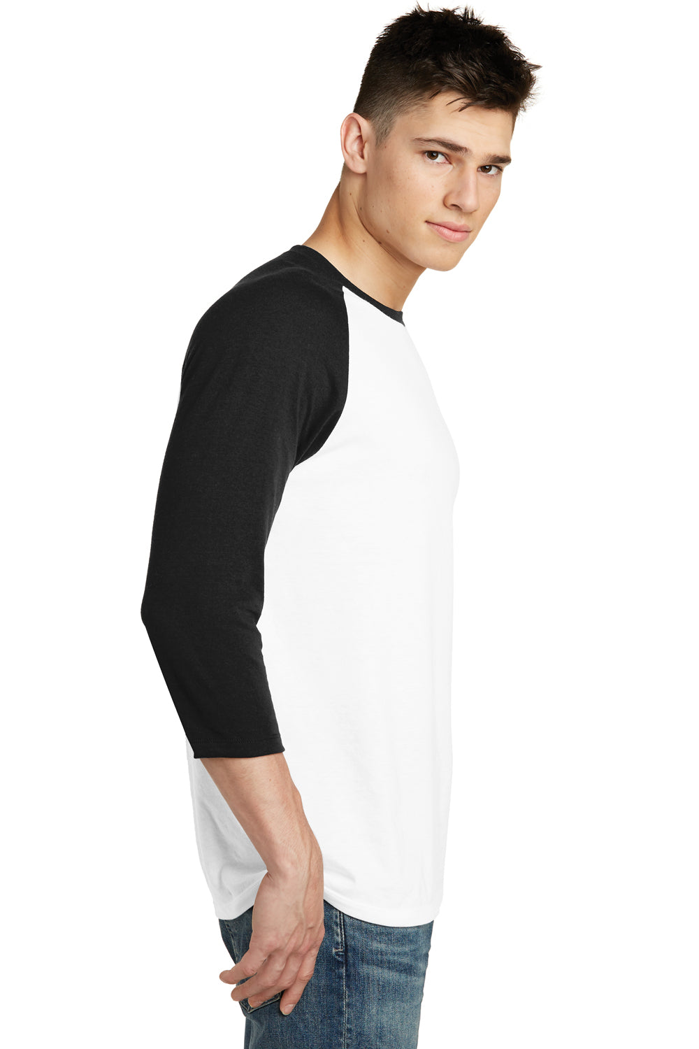 District DT6210 Mens Very Important 3/4 Sleeve Crewneck T-Shirt White/Black Model Side