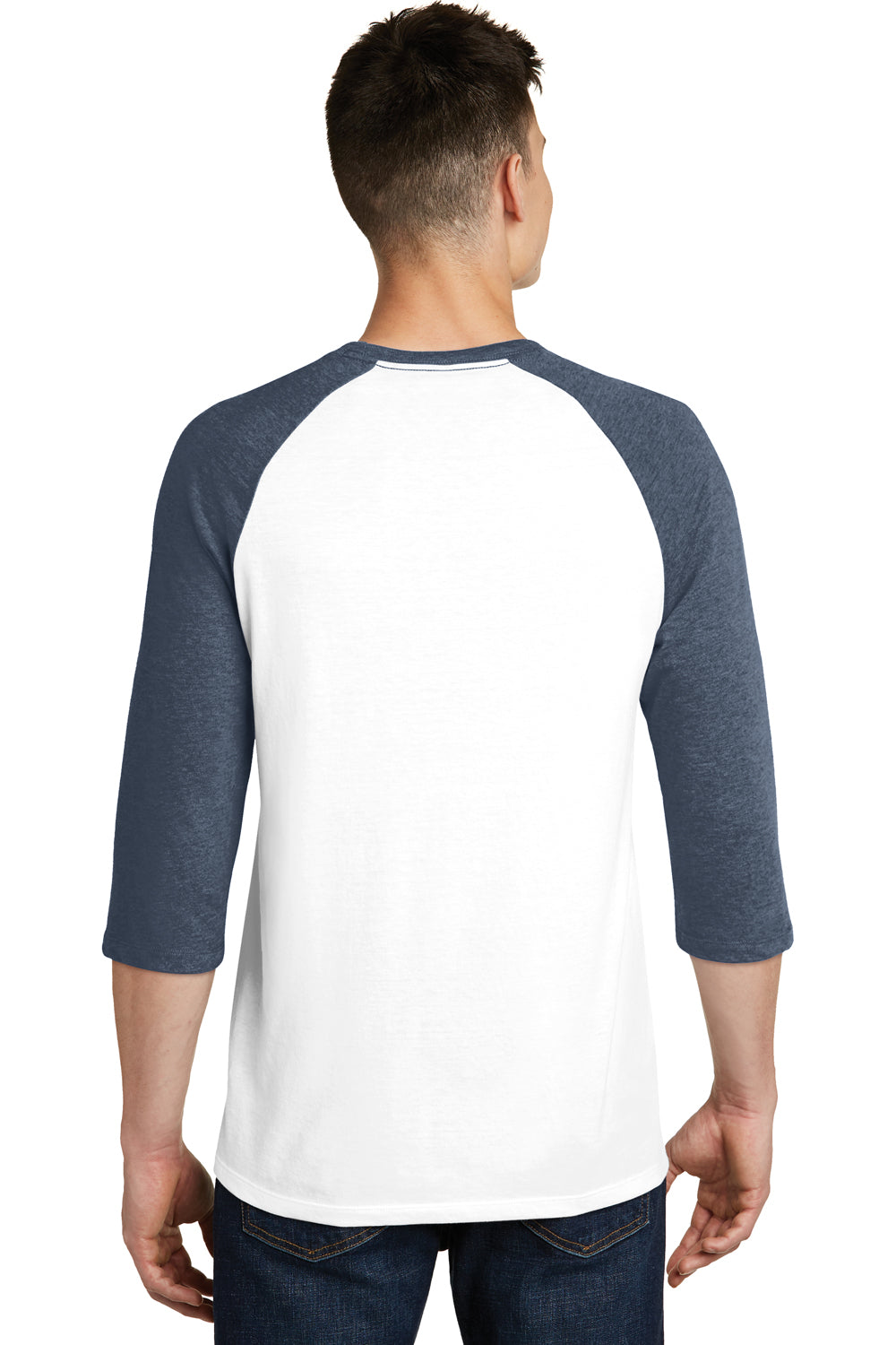 District DT6210 Mens Very Important 3/4 Sleeve Crewneck T-Shirt White/Heather Navy Blue Model Back