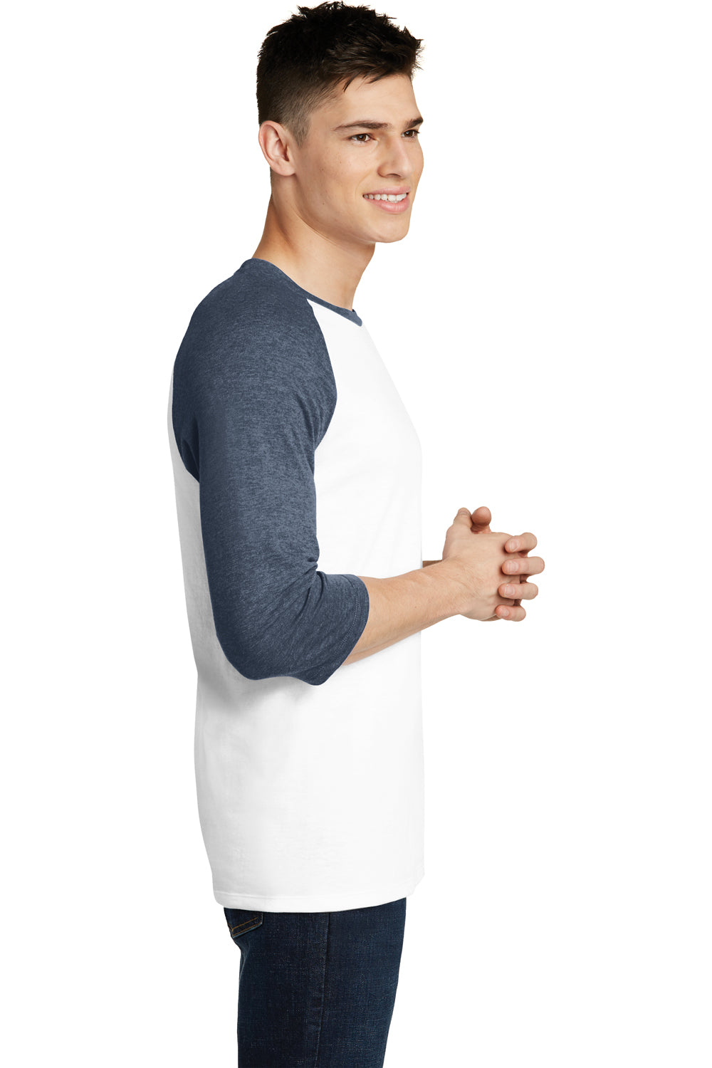 District DT6210 Mens Very Important 3/4 Sleeve Crewneck T-Shirt White/Heather Navy Blue Model Side