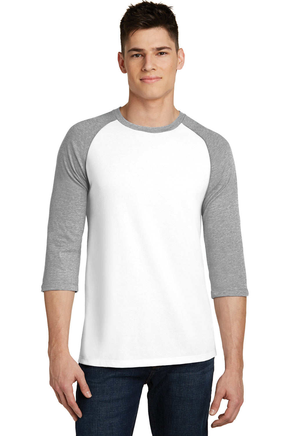 District DT6210 Mens Very Important 3/4 Sleeve Crewneck T-Shirt White/Heather Light Grey Model Front