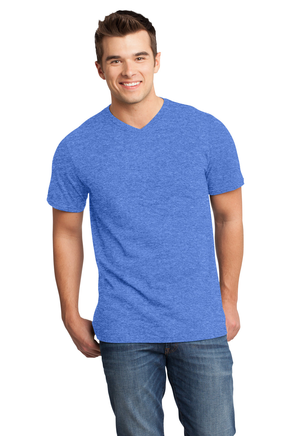 District DT6500 Mens Very Important Short Sleeve V-Neck T-Shirt Heather Royal Blue Model Front