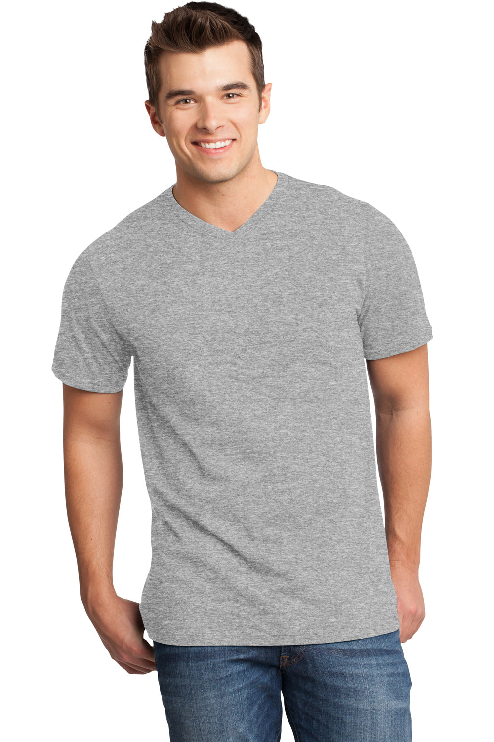 District DT6500 Mens Very Important Short Sleeve V-Neck T-Shirt Heather Light Grey Model Front