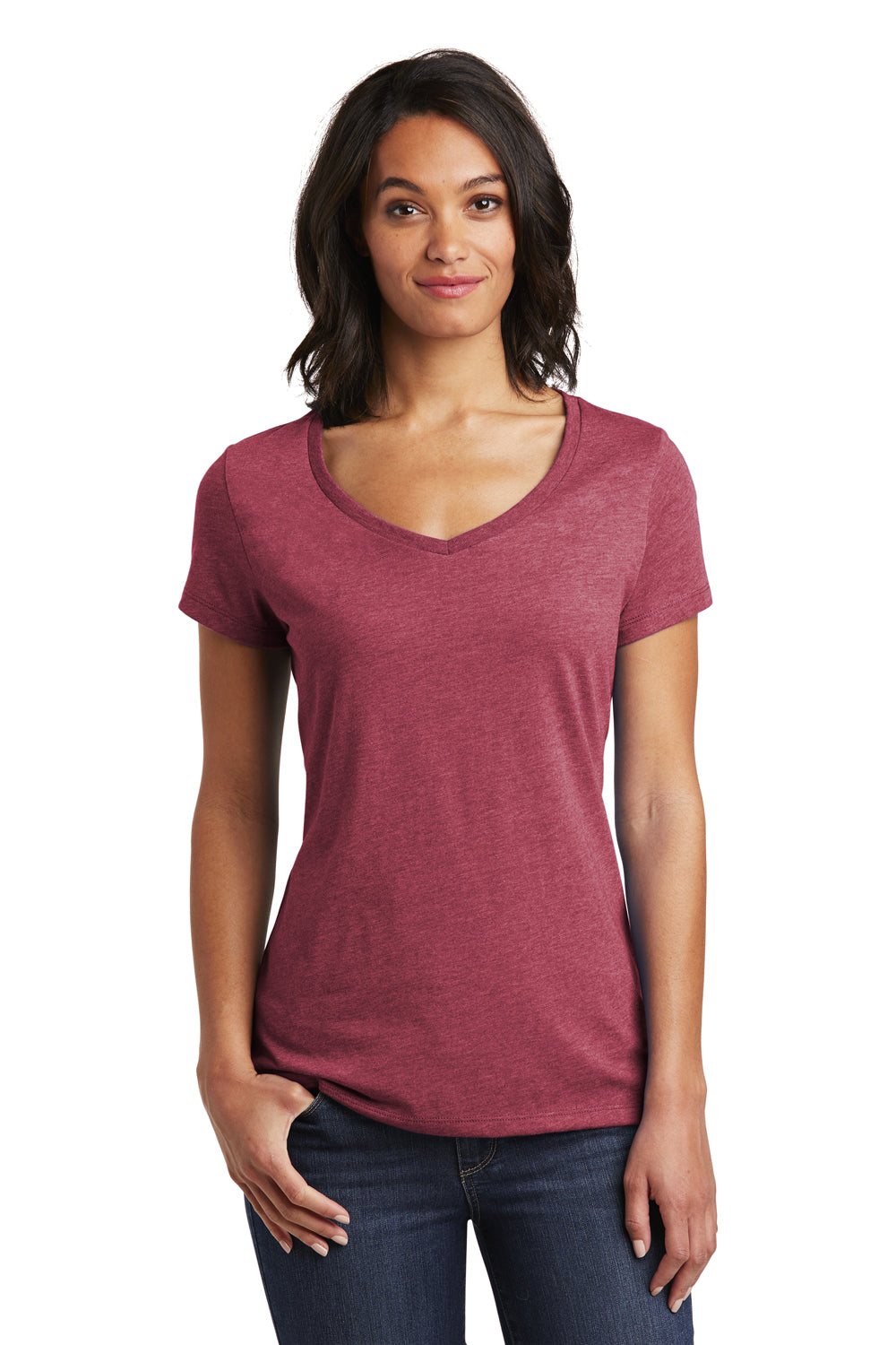 District DT6503 Womens Very Important Short Sleeve V-Neck T-Shirt Heather Cardinal Red Model Front