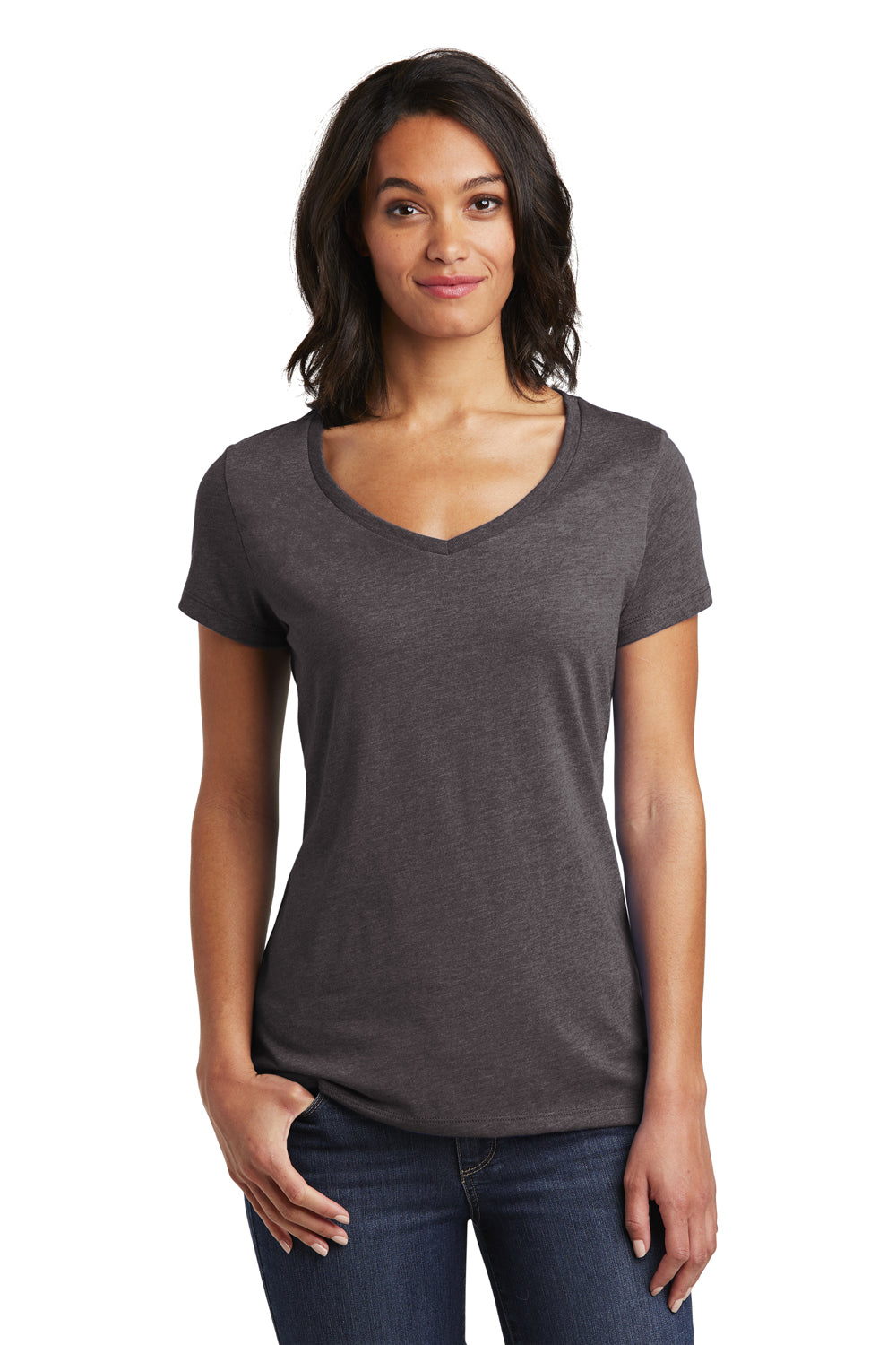 District DT6503 Womens Very Important Short Sleeve V-Neck T-Shirt Heather Charcoal Grey Model Front