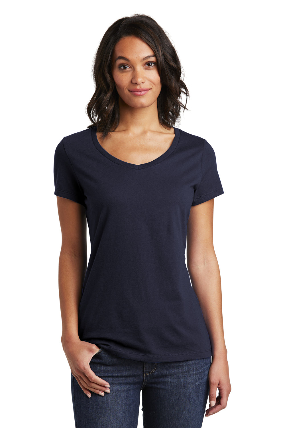 District DT6503 Womens Very Important Short Sleeve V-Neck T-Shirt New Navy Blue Model Front