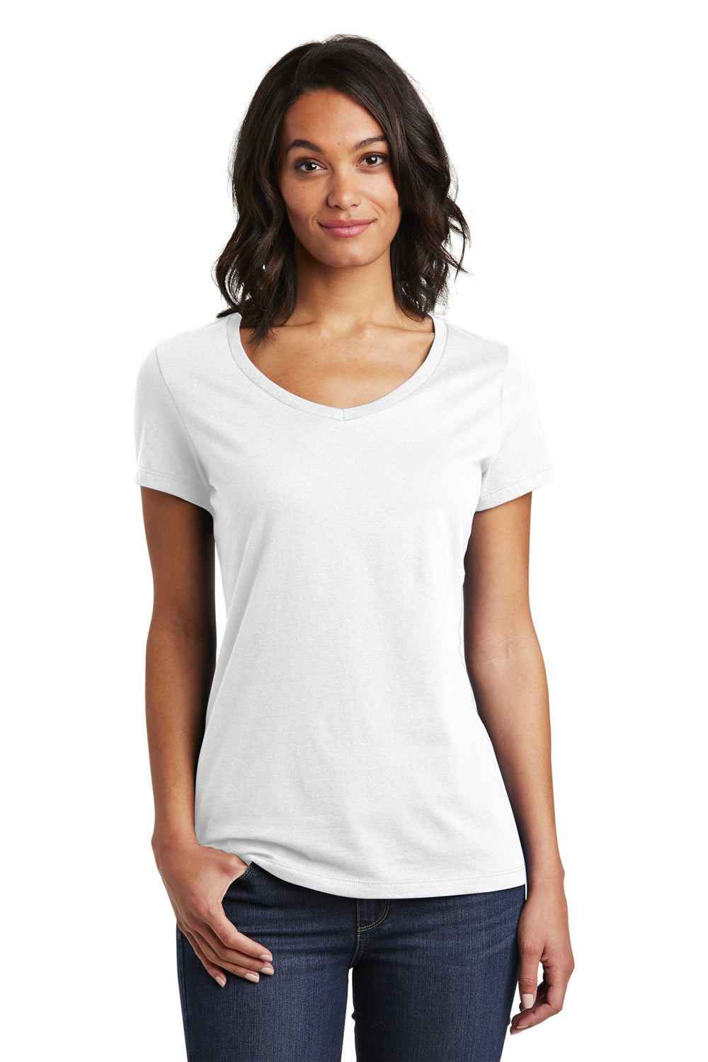 District DT6503 Womens Very Important Short Sleeve V-Neck T-Shirt White Model Front