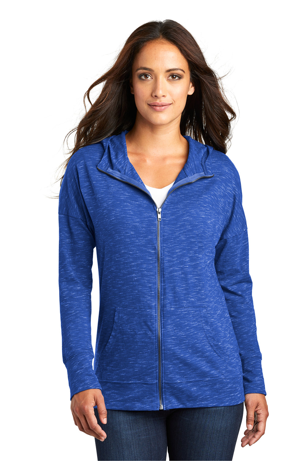 District DT665 Womens Medal Full Zip Hooded Sweatshirt Hoodie Deep Royal Blue Model Front