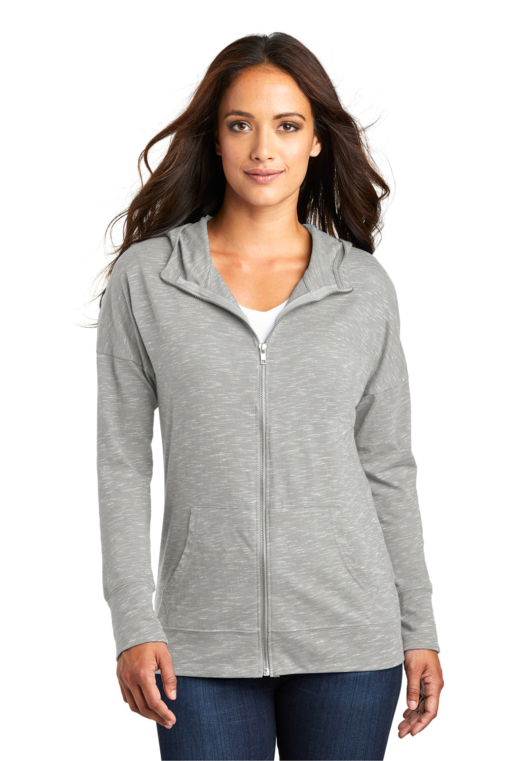 District DT665 Womens Medal Full Zip Hooded Sweatshirt Hoodie Light Grey Model Front