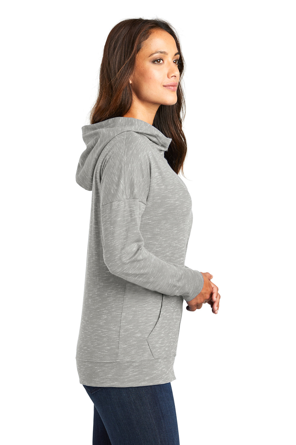 District DT665 Womens Medal Full Zip Hooded Sweatshirt Hoodie Light Grey Model Side