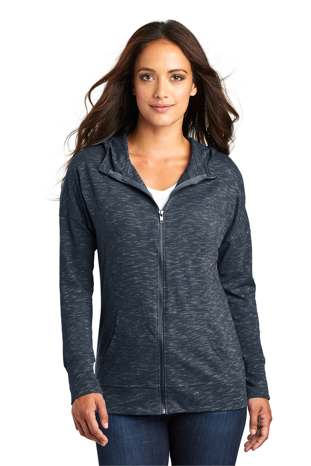 District DT665 Womens Medal Full Zip Hooded Sweatshirt Hoodie New Navy Blue Model Front