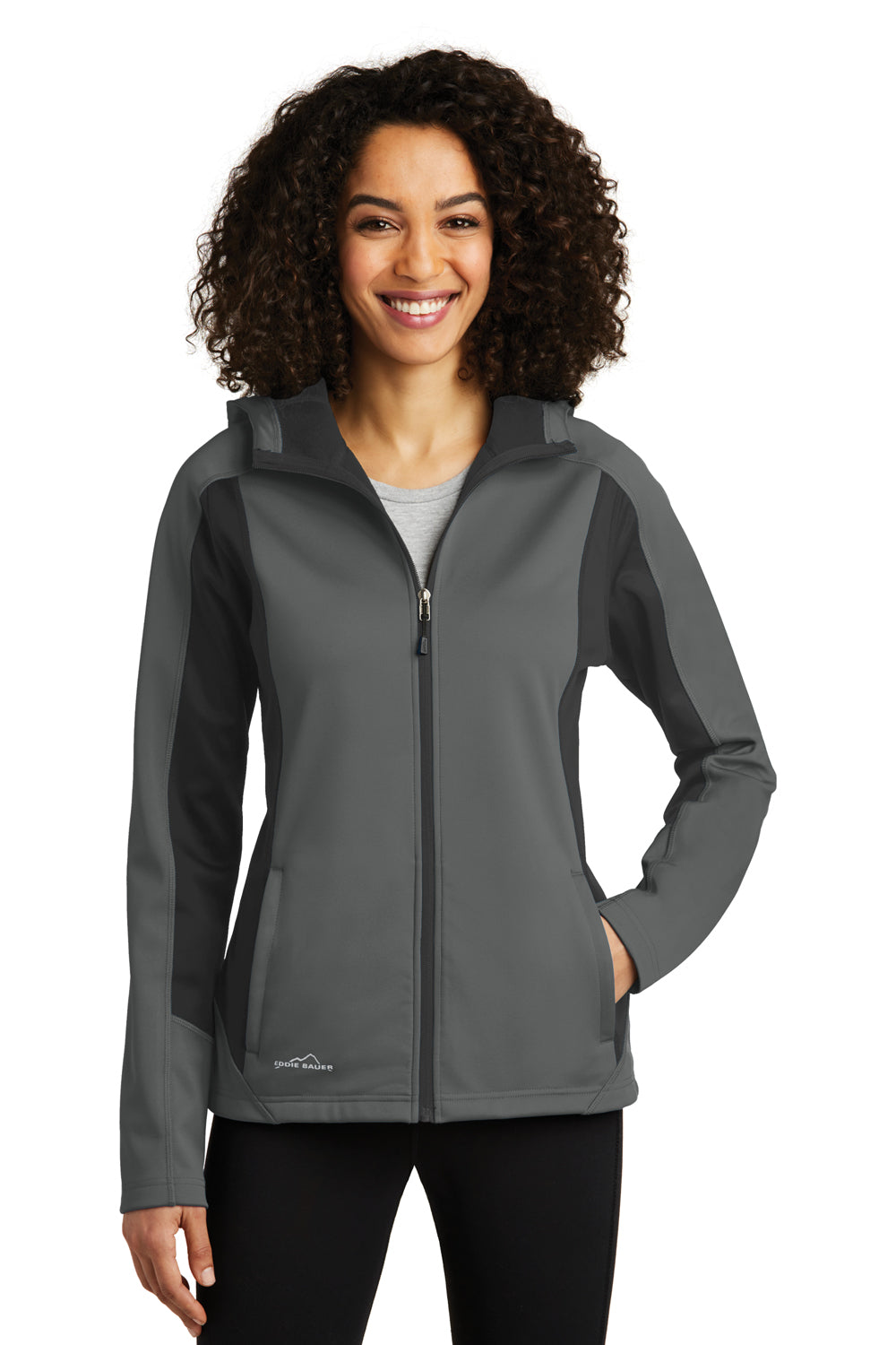 Eddie Bauer EB543 Womens Trail Water Resistant Full Zip Hooded Jacket Metal Grey Model Front