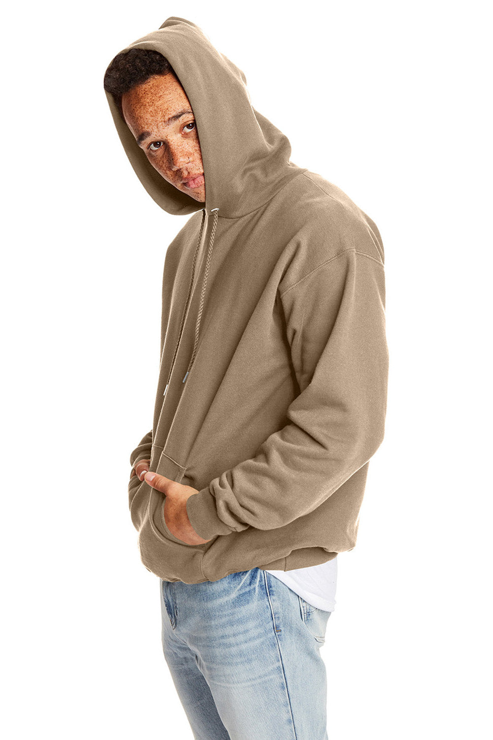 Hanes F170 Mens Ultimate Cotton PrintPro XP Pill Resistant Hooded Sweatshirt Hoodie w/ Pouch Pocket Pebble Model Side