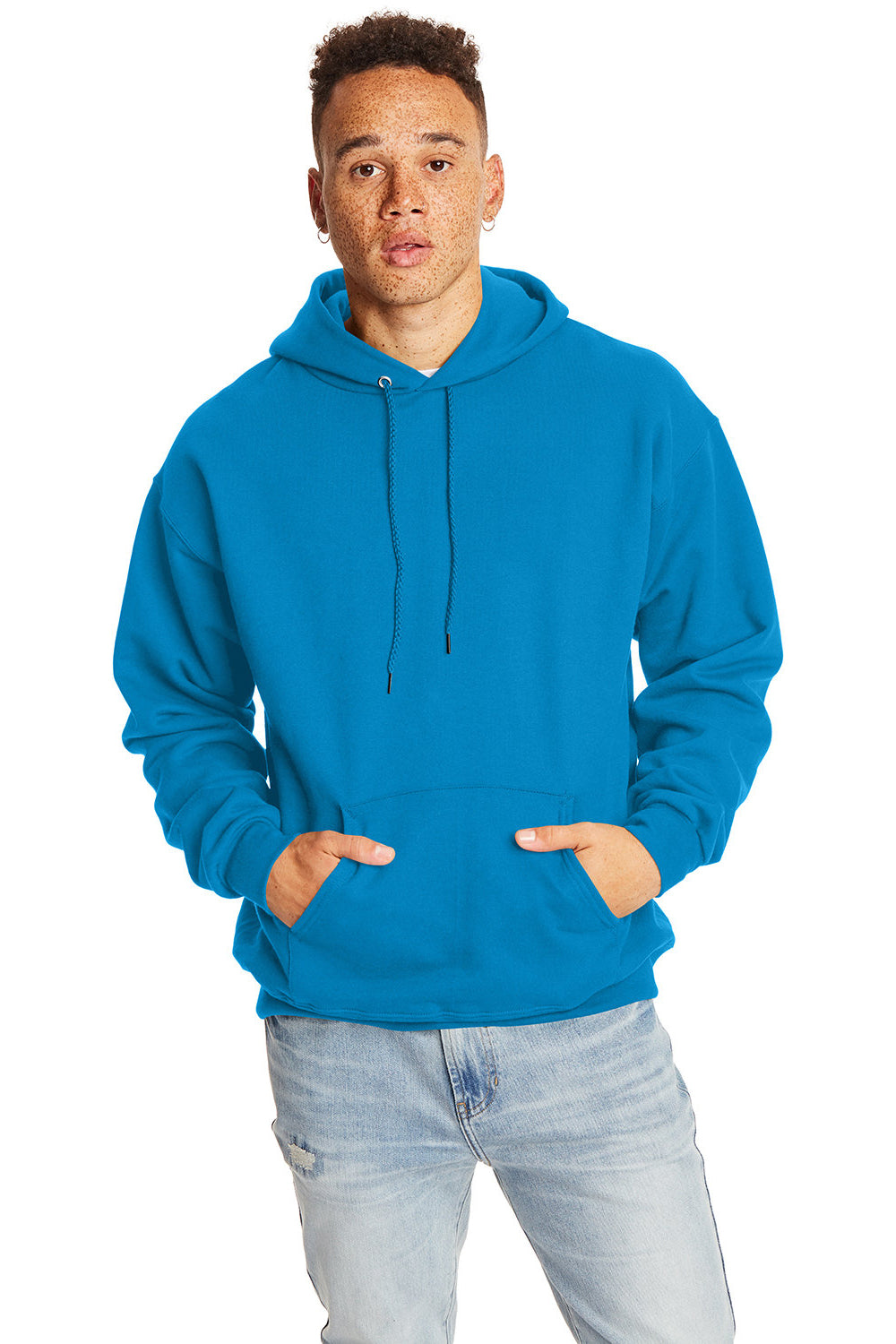 Hanes F170 Mens Ultimate Cotton PrintPro XP Pill Resistant Hooded Sweatshirt Hoodie w/ Pouch Pocket Teal Blue Model Front