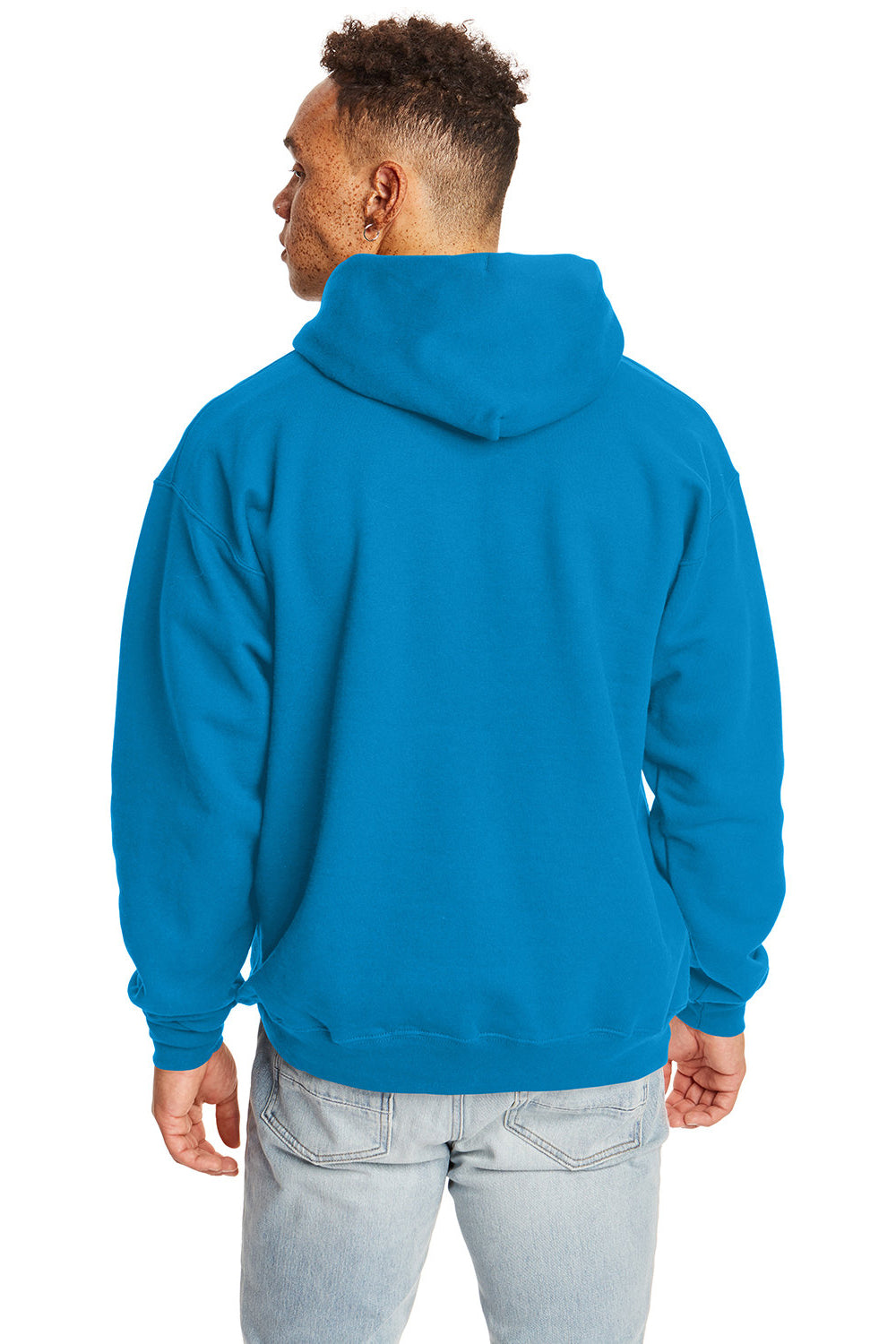 Hanes F170 Mens Ultimate Cotton PrintPro XP Pill Resistant Hooded Sweatshirt Hoodie w/ Pouch Pocket Teal Blue Model Back