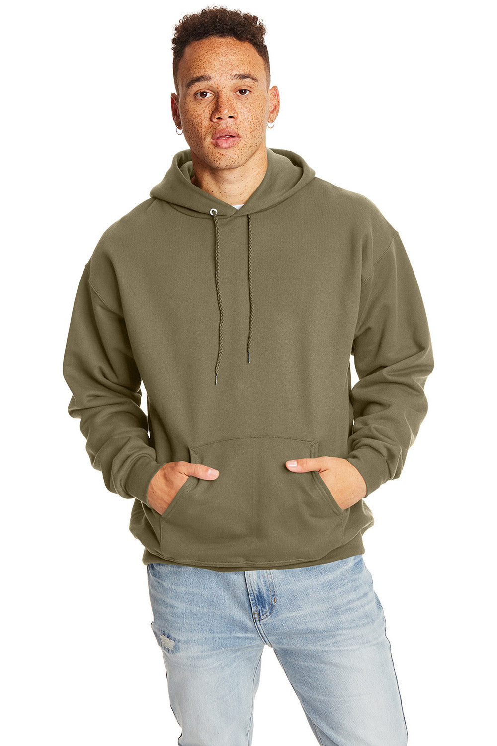 Hanes F170 Mens Ultimate Cotton PrintPro XP Pill Resistant Hooded Sweatshirt Hoodie w/ Pouch Pocket Oregano Model Front