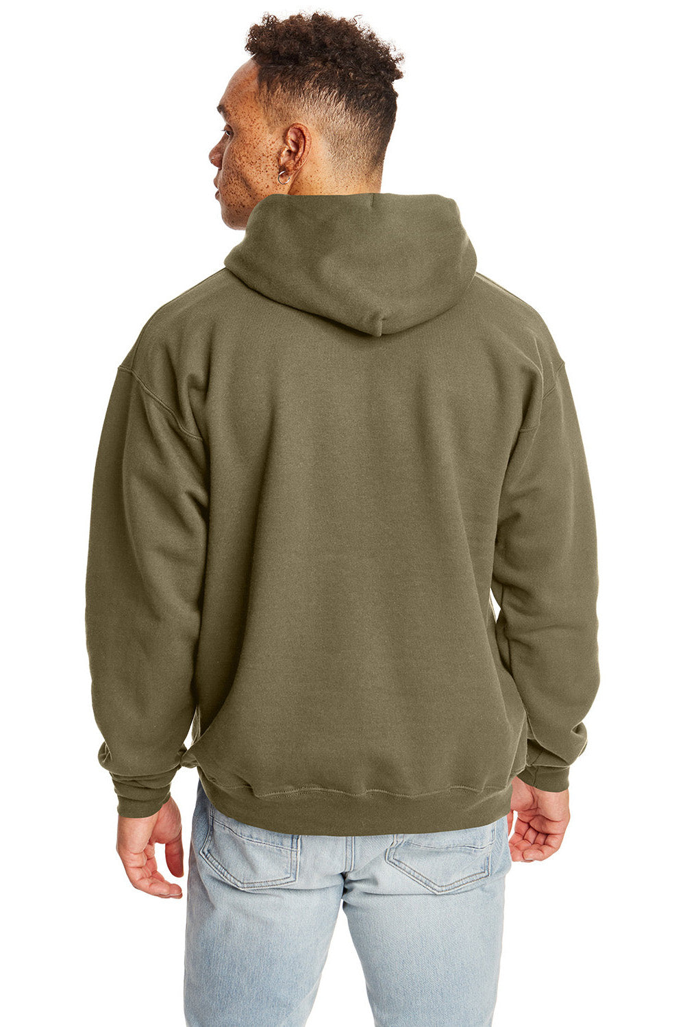 Hanes F170 Mens Ultimate Cotton PrintPro XP Pill Resistant Hooded Sweatshirt Hoodie w/ Pouch Pocket Oregano Model Back