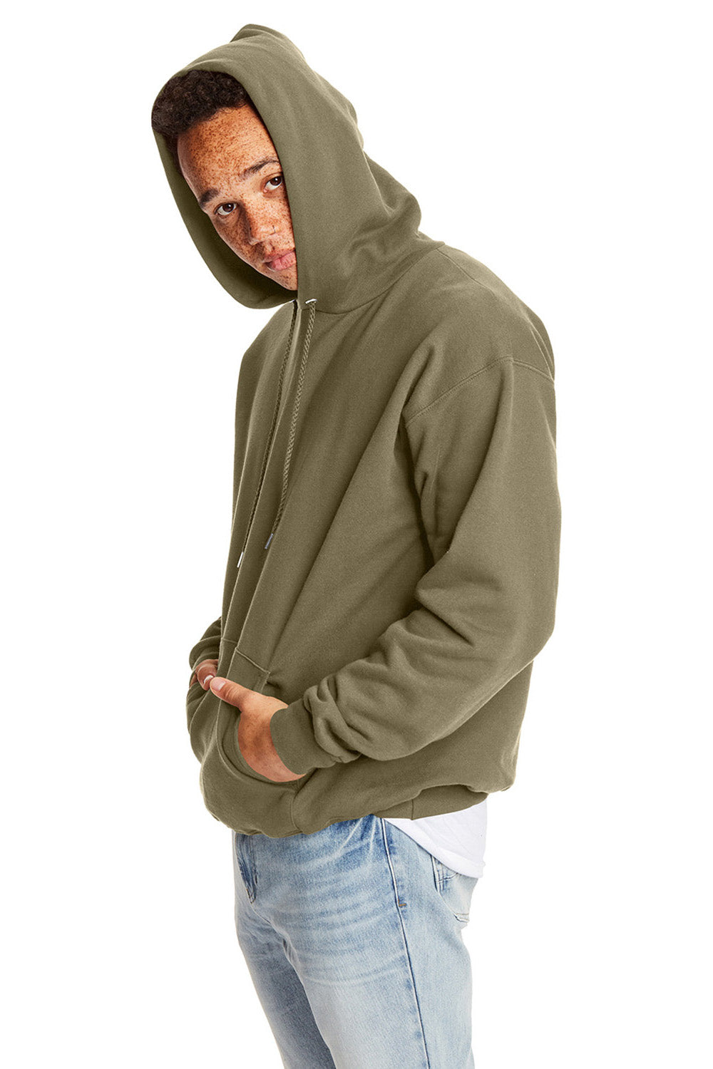 Hanes F170 Mens Ultimate Cotton PrintPro XP Pill Resistant Hooded Sweatshirt Hoodie w/ Pouch Pocket Oregano Model Side