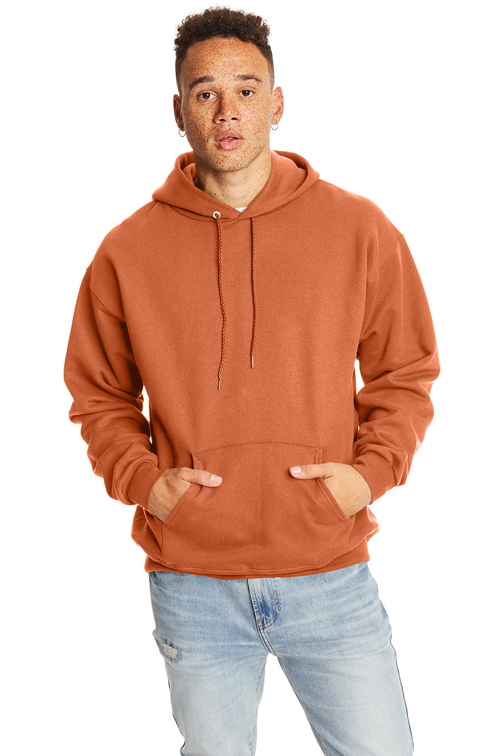 Hanes F170 Mens Ultimate Cotton PrintPro XP Pill Resistant Hooded Sweatshirt Hoodie w/ Pouch Pocket Pumpkin Orange Model Front