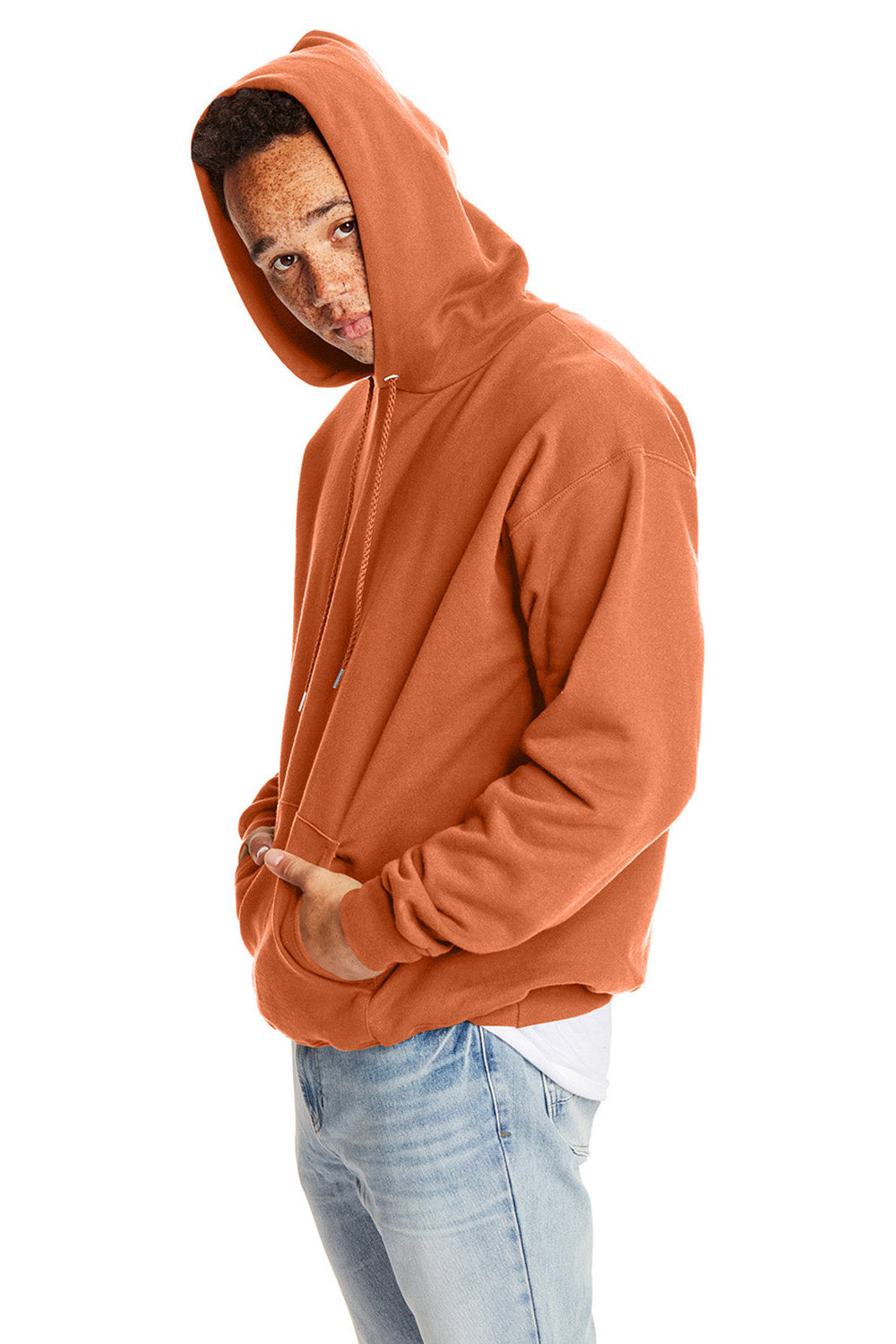 Hanes F170 Mens Ultimate Cotton PrintPro XP Pill Resistant Hooded Sweatshirt Hoodie w/ Pouch Pocket Pumpkin Orange Model Side