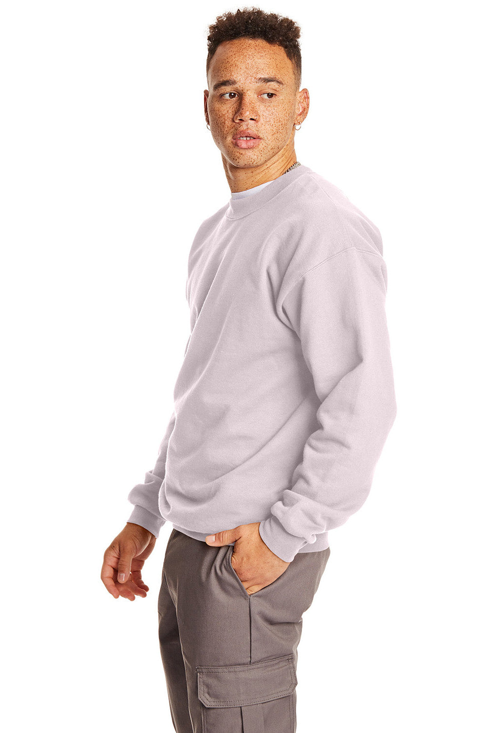 Hanes F260 Mens Ultimate Cotton PrintPro XP Pill Resistant Crewneck Sweatshirt Pale Pink Model Side