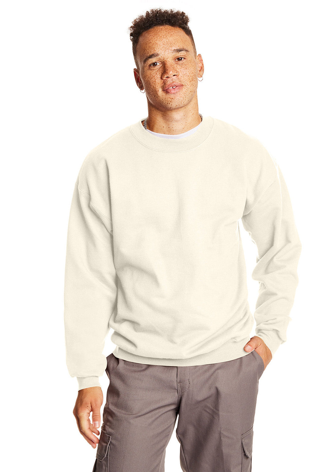 Hanes F260 Mens Ultimate Cotton PrintPro XP Pill Resistant Crewneck Sweatshirt Natural Model Front