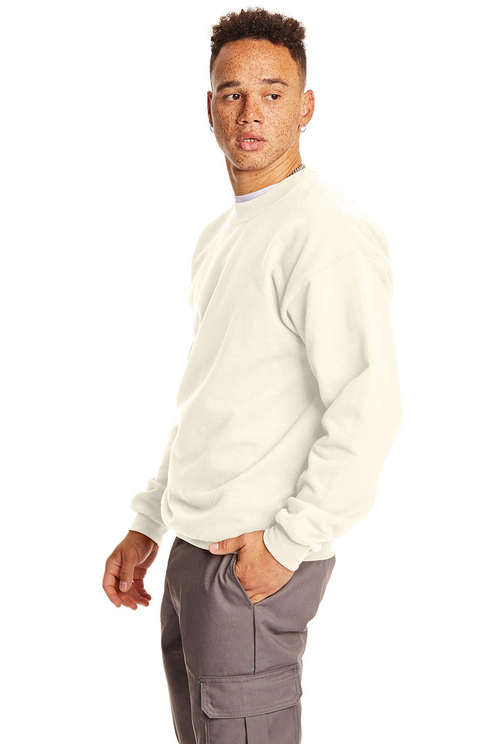 Hanes F260 Mens Ultimate Cotton PrintPro XP Pill Resistant Crewneck Sweatshirt Natural Model Side