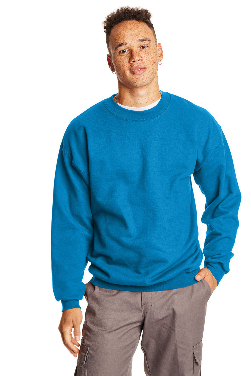 Hanes F260 Mens Ultimate Cotton PrintPro XP Pill Resistant Crewneck Sweatshirt Teal Blue Model Front