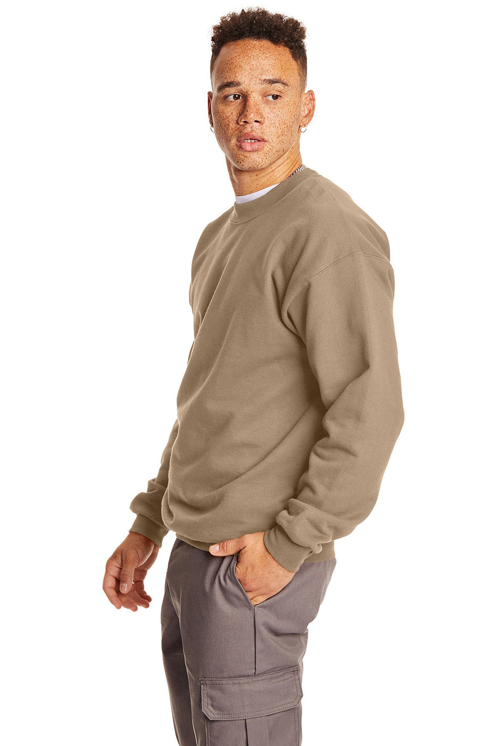 Hanes F260 Mens Ultimate Cotton PrintPro XP Pill Resistant Crewneck Sweatshirt Pebble Model Side