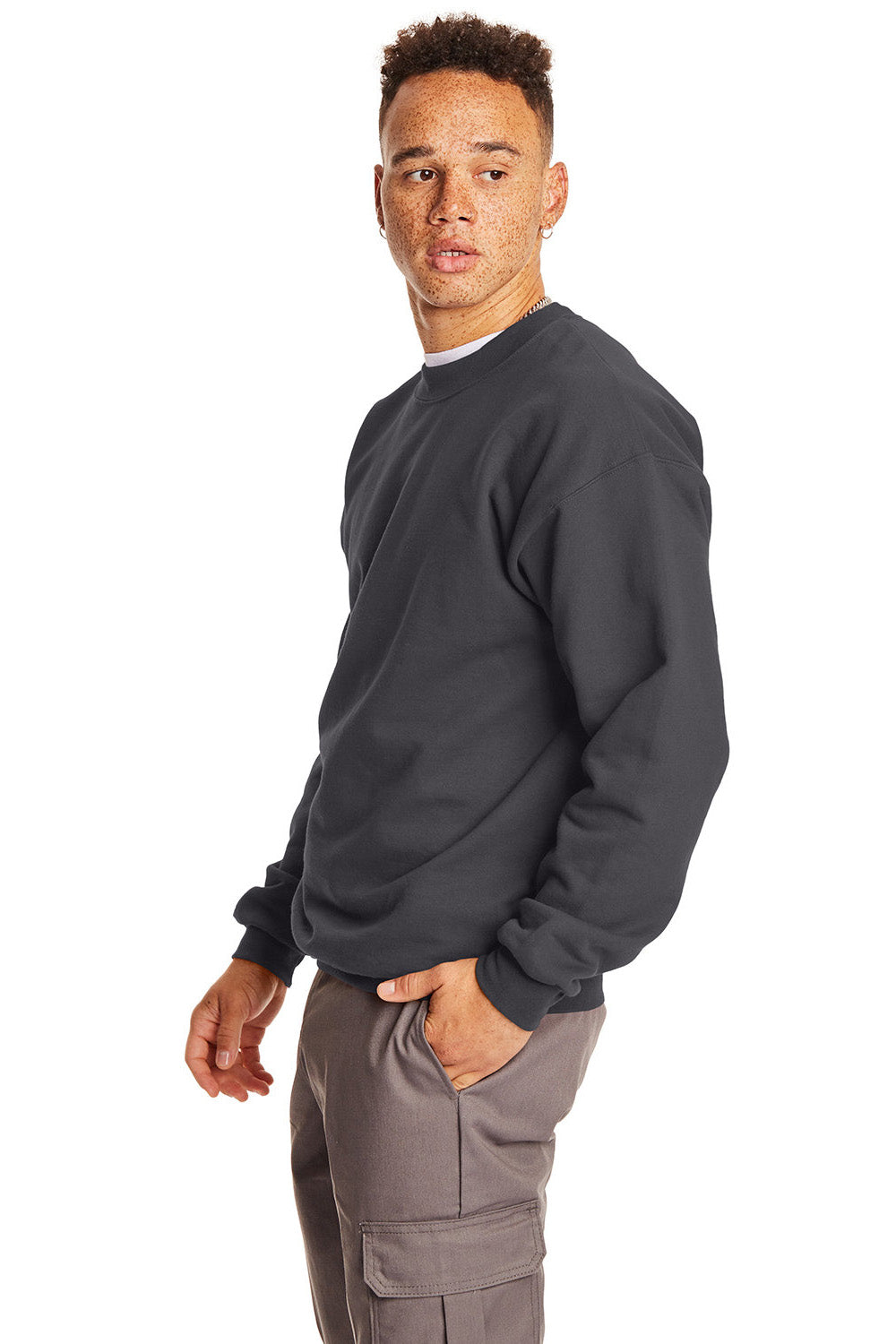 Hanes F260 Mens Ultimate Cotton PrintPro XP Pill Resistant Crewneck Sweatshirt Smoke Grey Model Side