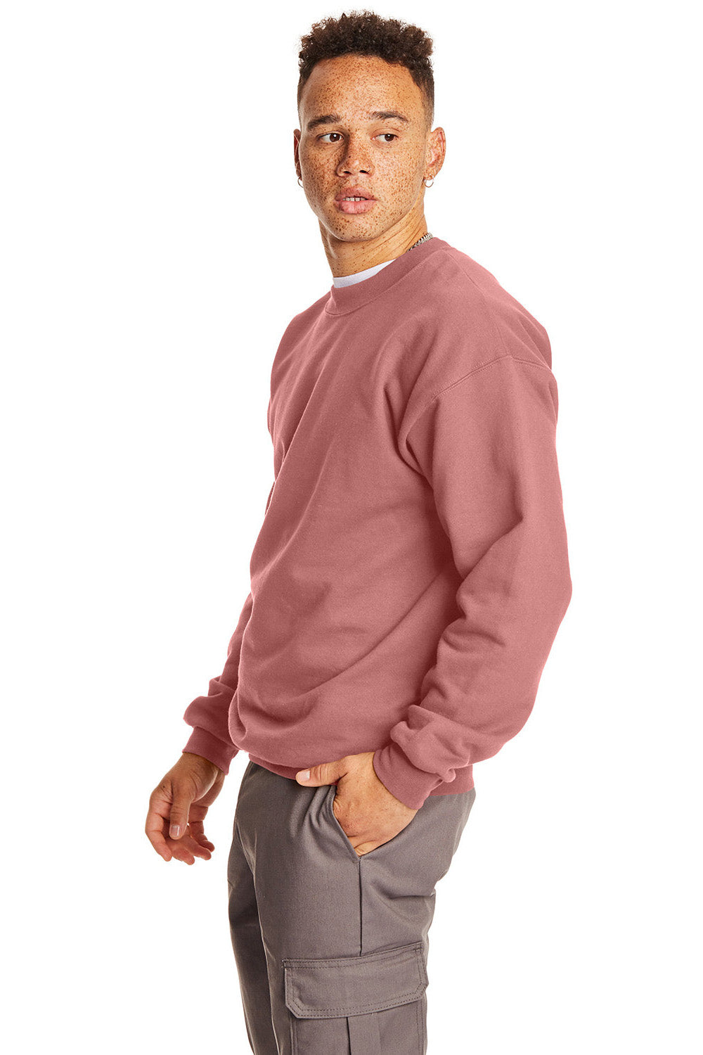 Hanes F260 Mens Ultimate Cotton PrintPro XP Pill Resistant Crewneck Sweatshirt Mauve Model Side