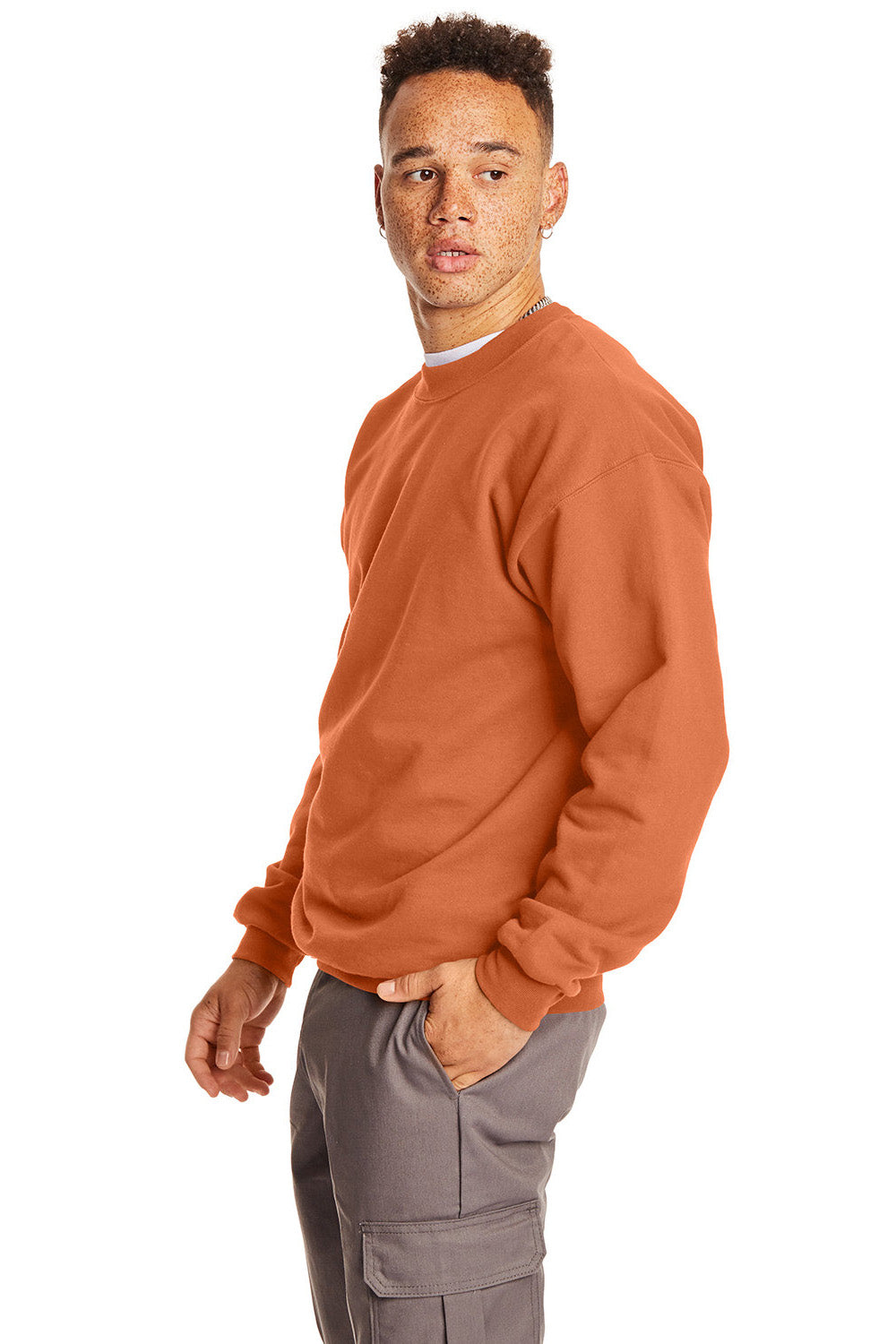 Hanes F260 Mens Ultimate Cotton PrintPro XP Pill Resistant Crewneck Sweatshirt Pumpkin Orange Model Side