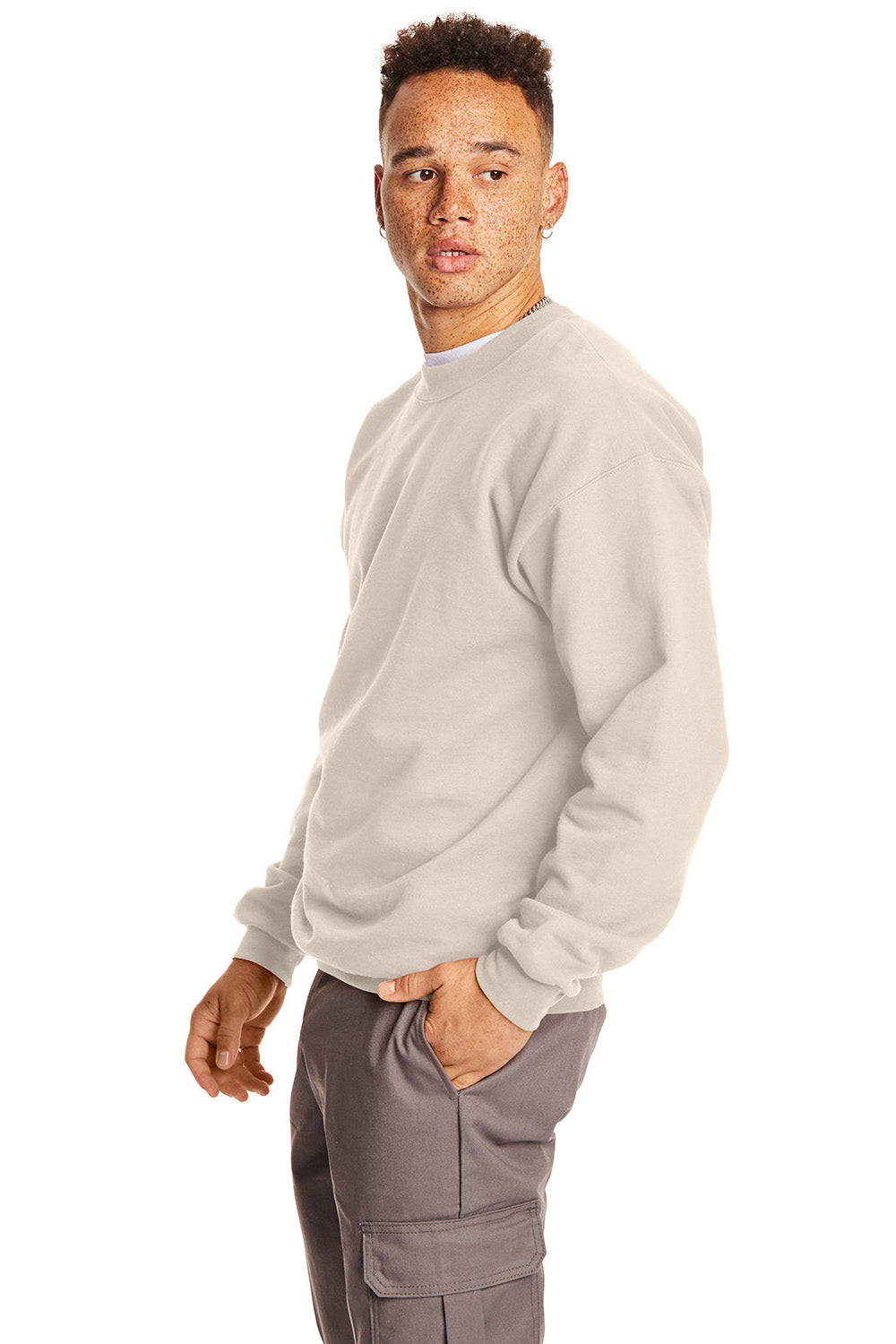 Hanes F260 Mens Ultimate Cotton PrintPro XP Pill Resistant Crewneck Sweatshirt Sand Model Side